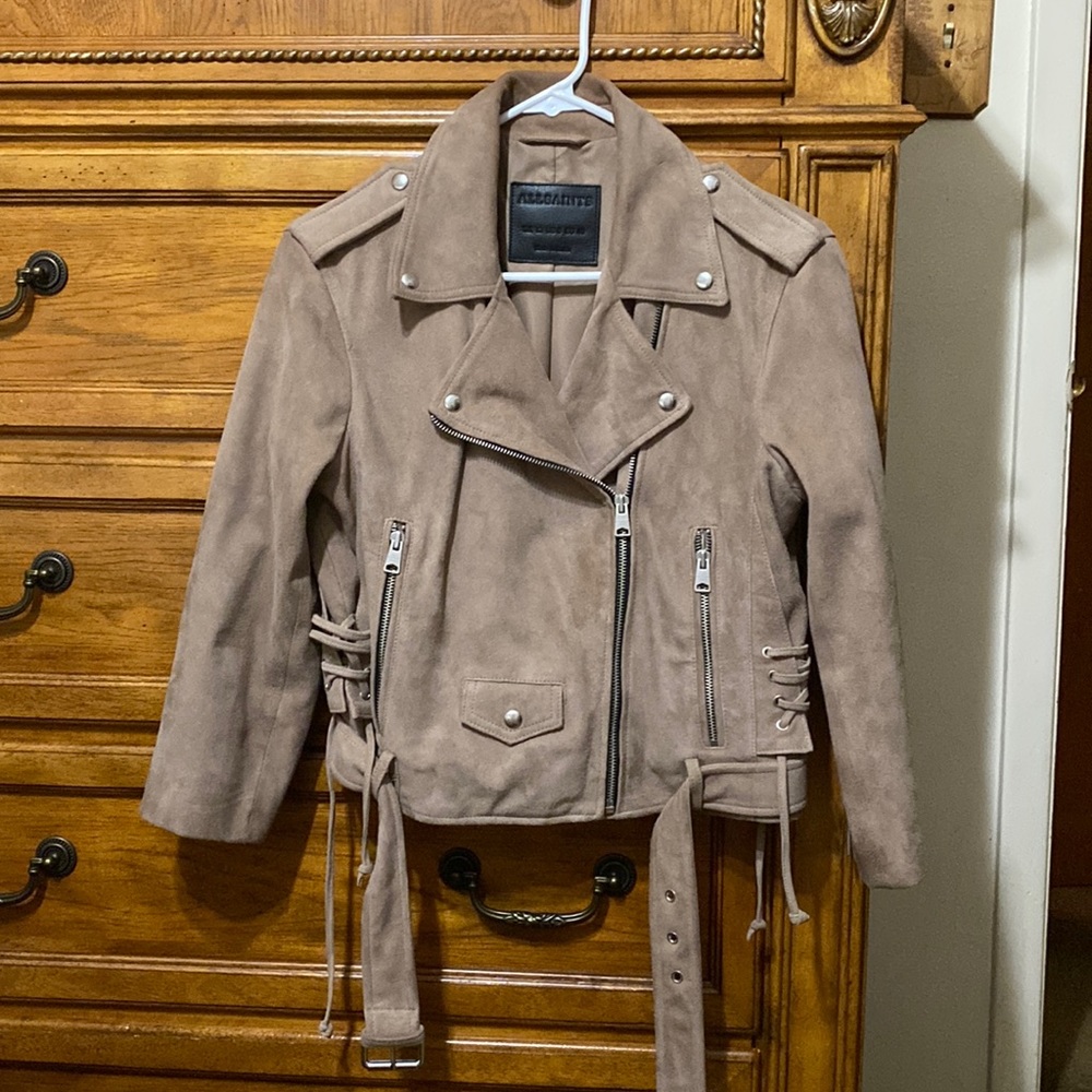 3/4 Length sleeve ALLSAINTS Layla Biker style jacket; Size- 8; Color- Tan